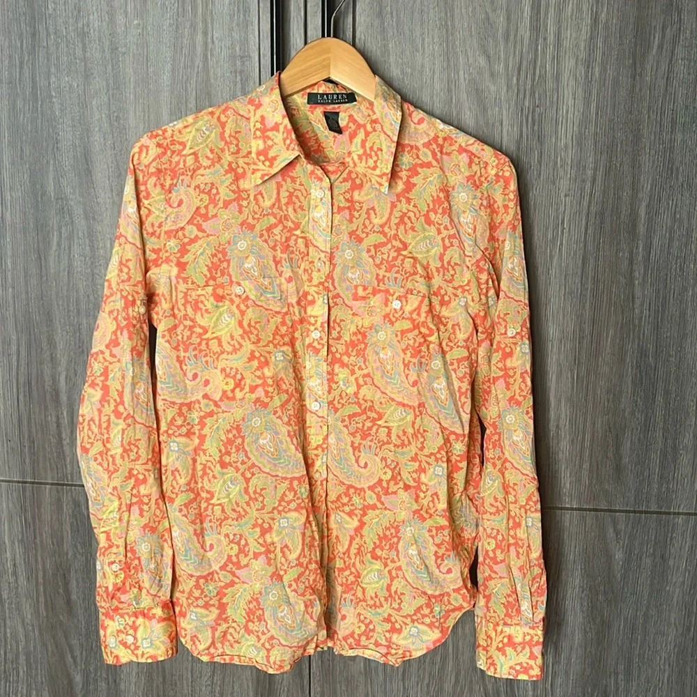 Lauren Ralph Lauren Colorful Orange Paisley Shirt - Picture 1 of 13